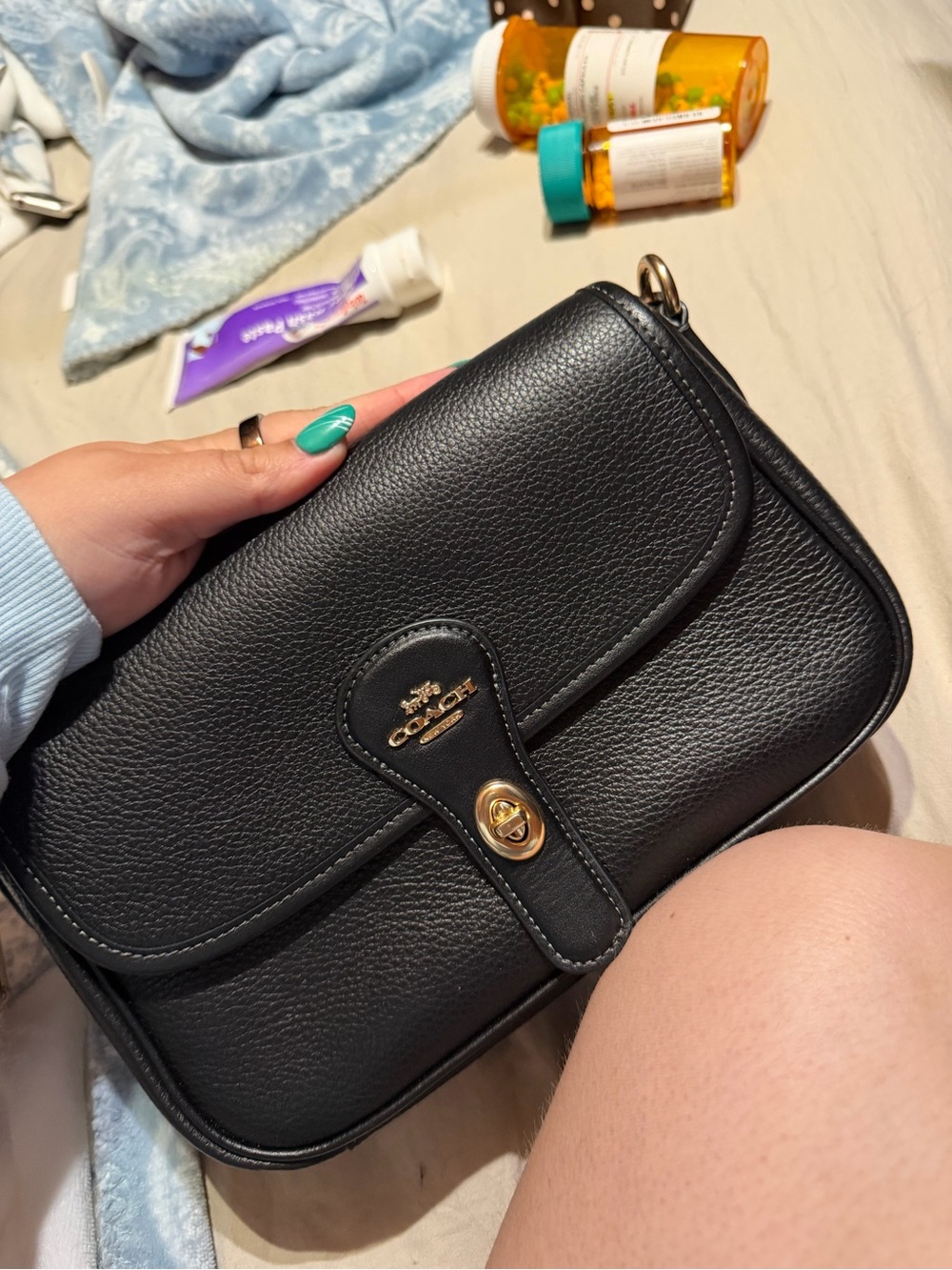Coach Black Pebbled Leather Crossbody with Gold Turnlock